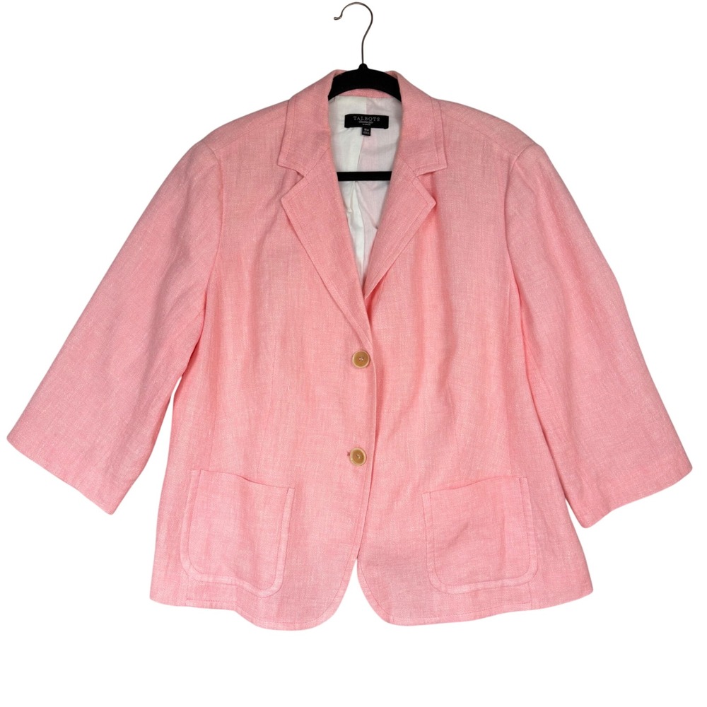 Talbots Pink Linen Blend Blazer Jacket 16W 3/4 Sleeve Two Button Career Classic